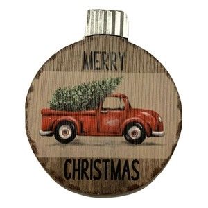 Red Truck w/ Christmas Tree Ornament Farmhouse Rustic Lodge Cabin Round Chunky